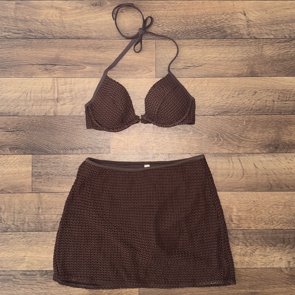 Victoria’s Secret Size 34B / Medium Two Piece Brown Crochet Swim Beach Set Sexy